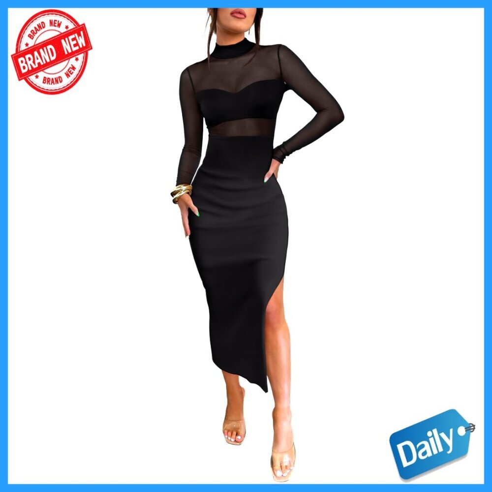 Mesh Bodycon Dress Set Long Sleeve Mock Neck Sheer Y2K Club Party Outfit